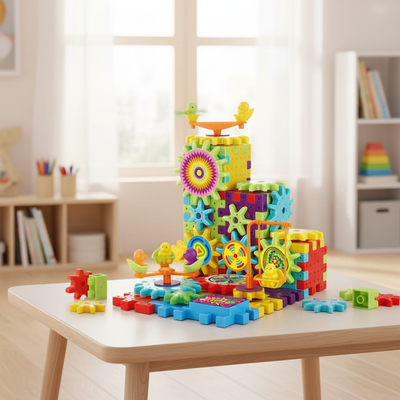 Building blocks with gears toy in stunning setting